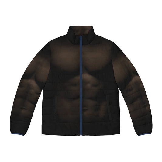 A muscular, shirtless man wearing a puffer jacket that showcases his toned physique.