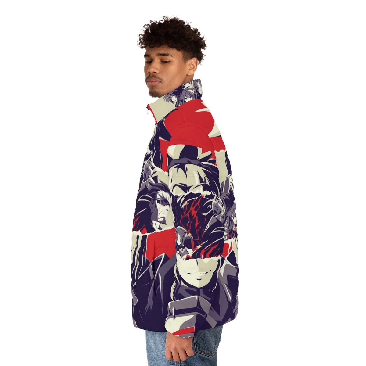 Red puffer jacket featuring characters from the Fate Apocrypha anime series - men side left