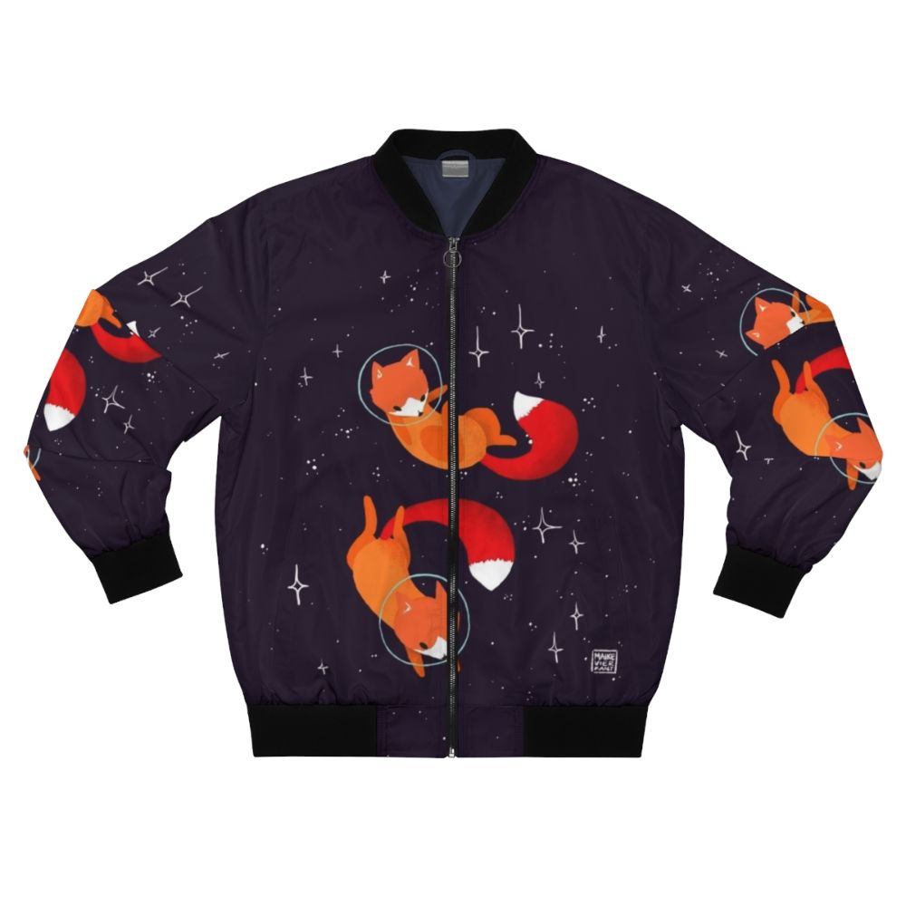 A stylish bomber jacket featuring a cute and whimsical space fox design, surrounded by stars and cosmic elements.