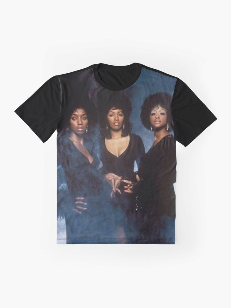 Vintage graphic t-shirt featuring the iconic 1970s soul group, The Three Degrees - Flat lay