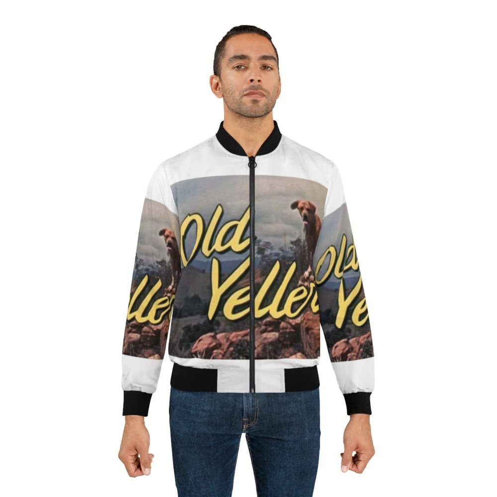 Vintage graphic "OLD YELLER" bomber jacket with retro typography and yellow color scheme - Lifestyle