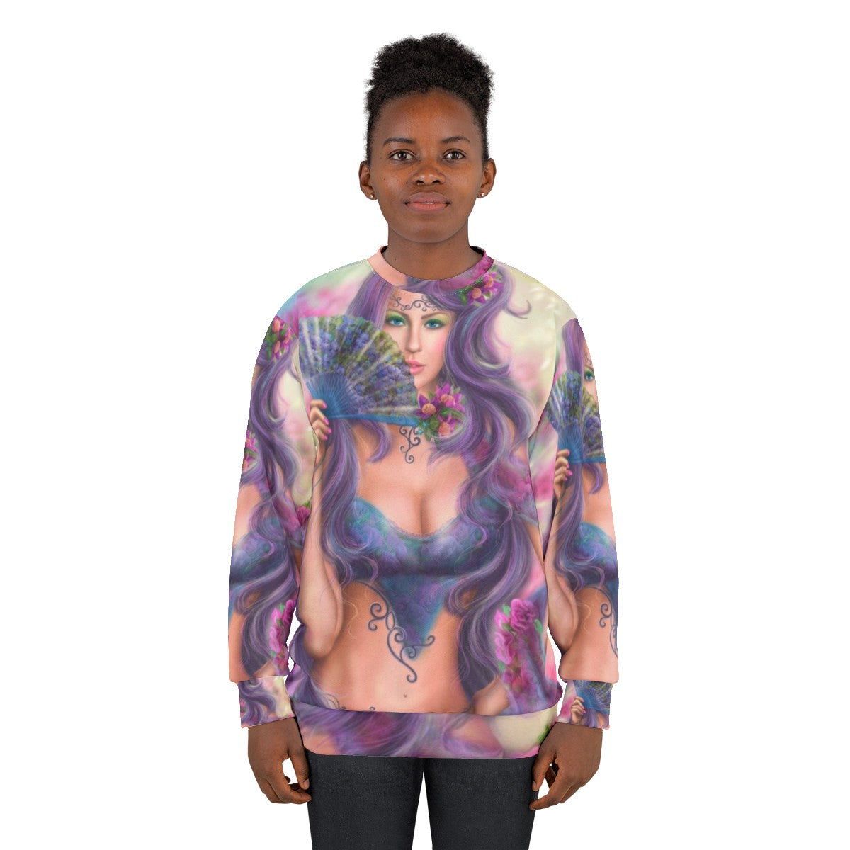 Kawaii Japanese girl with fan art sweatshirt design - women