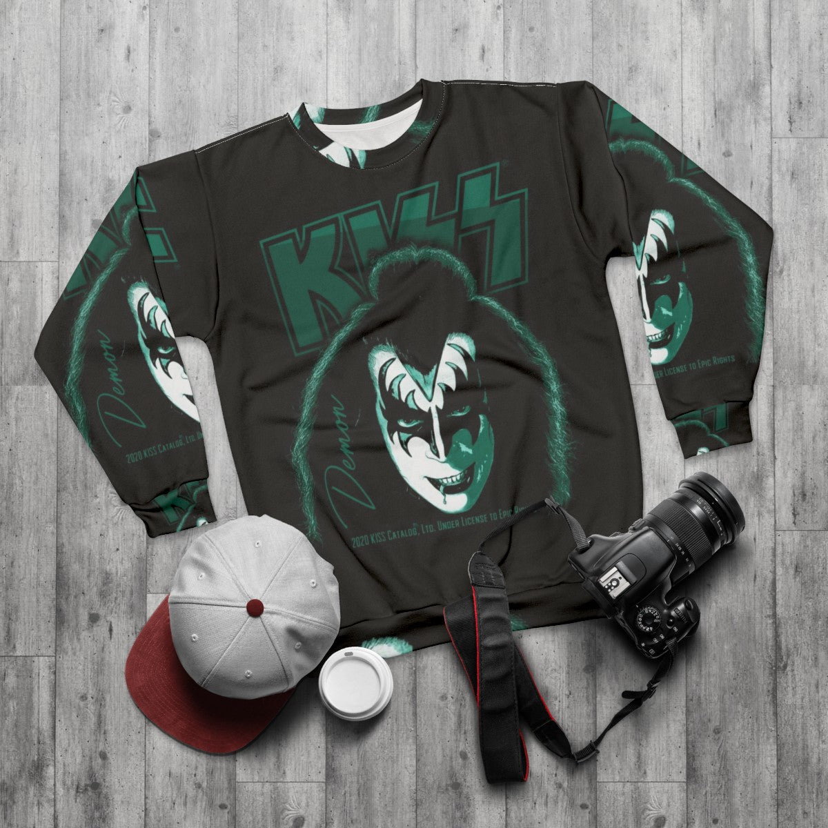 Demon Kiss Rock Band Sweatshirt with Kiss Fan Art Design - flat lay