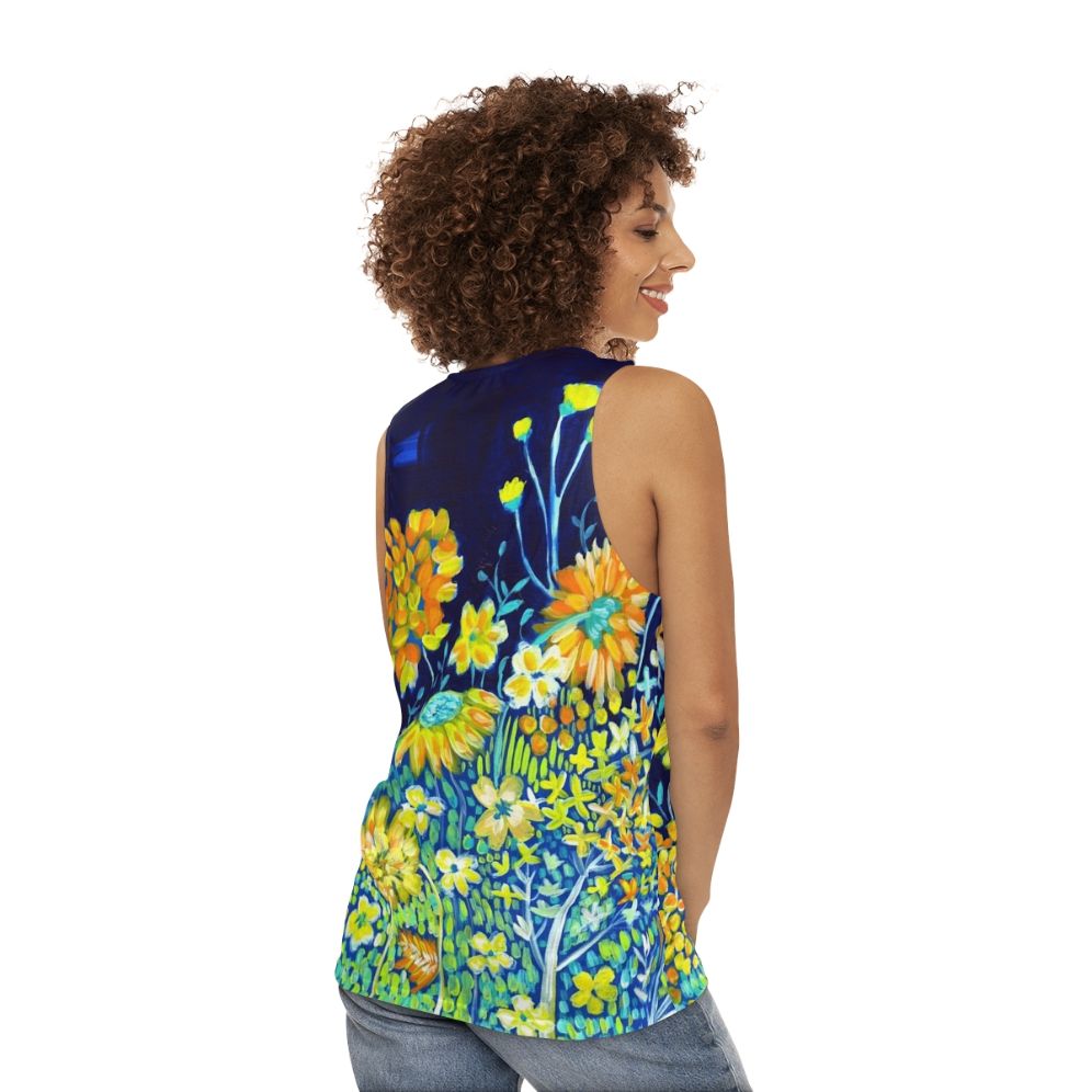 Unisex spring floral tank top in indigo blue and yellow daisies - women back