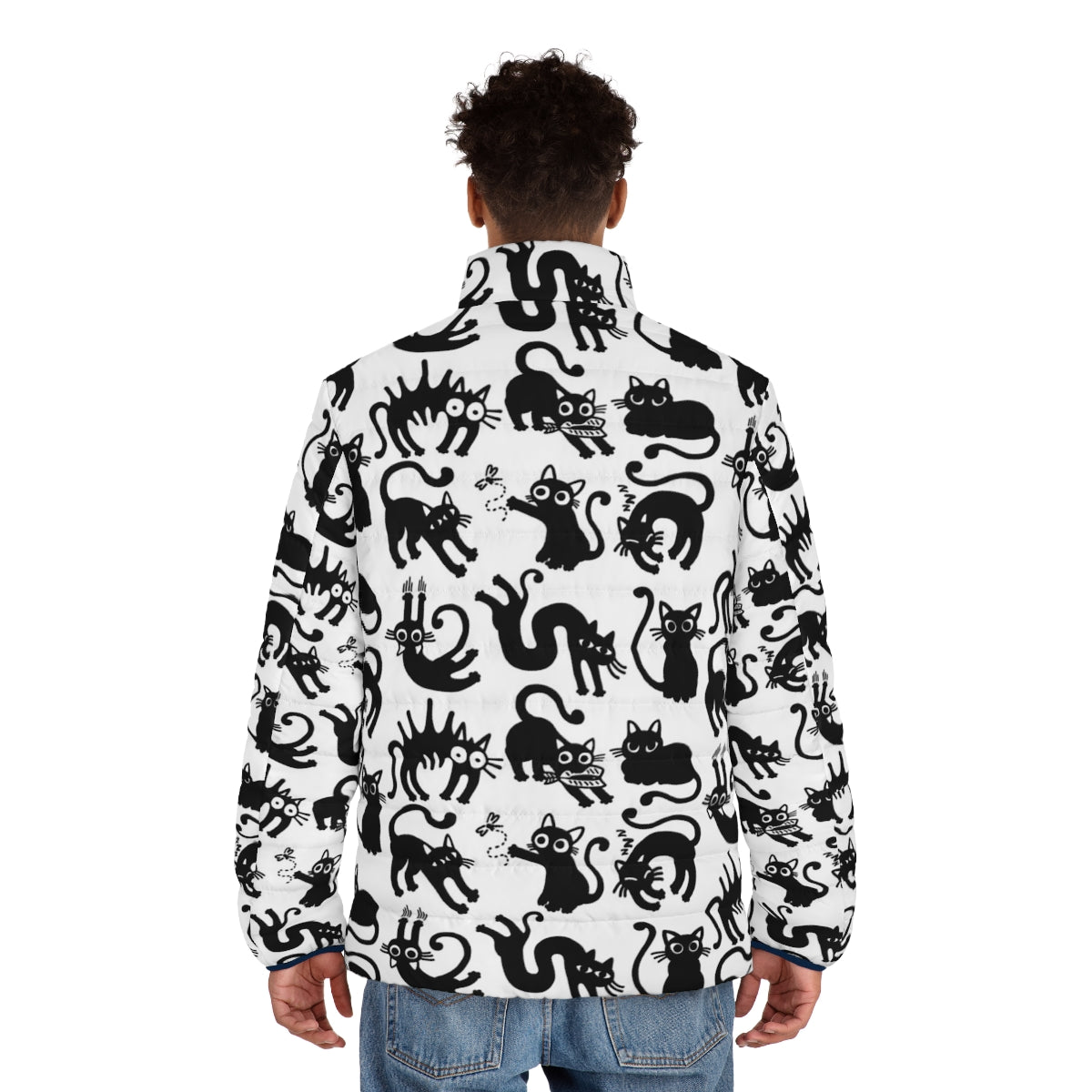 Cozy cat puffer jacket in a simple black and white lineart pattern - men back