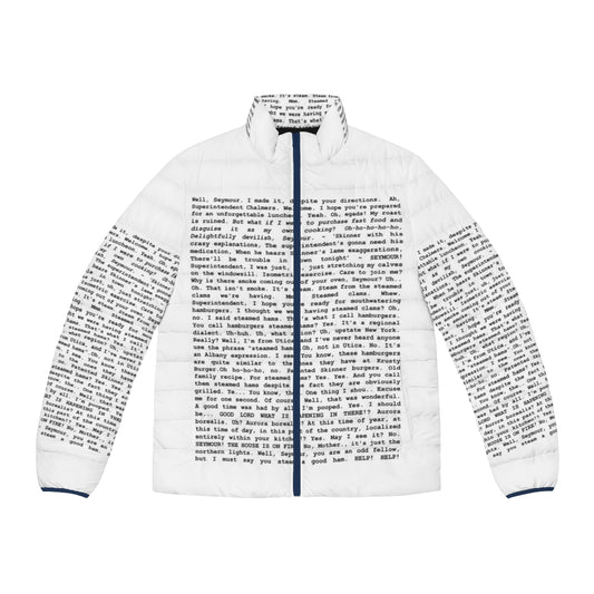 A puffer jacket printed with the entire "Steamed Hams" script from The Simpsons, featuring Superintendent Chalmers and Principal Skinner.