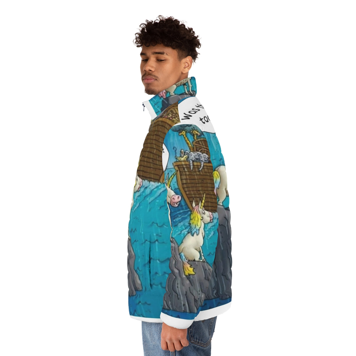 Cute Noah's Ark Unicorn Puffer Jacket - men side left