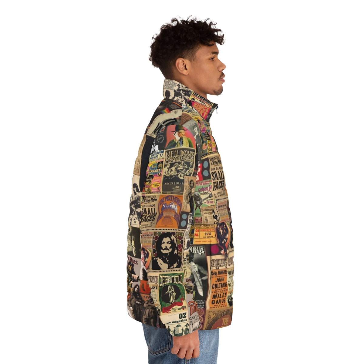 Rock and roll puffer jacket featuring a collage of vintage music legends - men side right