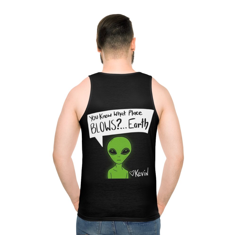 Unisex tank top with earth-themed design and pop culture references - men back