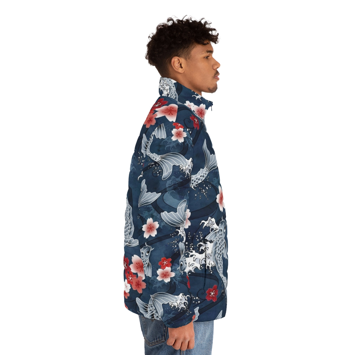 Blue puffer jacket with floral koi fish and sakura blossom watercolor design - men side right