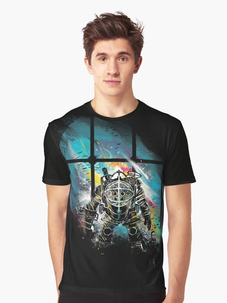 Bioshock-inspired Mr. Bubbles graphic t-shirt featuring the iconic Big Daddy character from the video game series. - Men