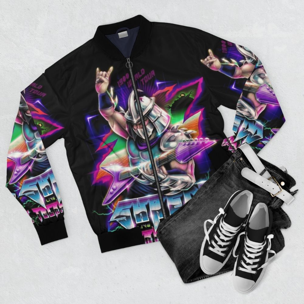 Retro "Shredder" bomber jacket with Teenage Mutant Ninja Turtles-inspired design - Flat lay