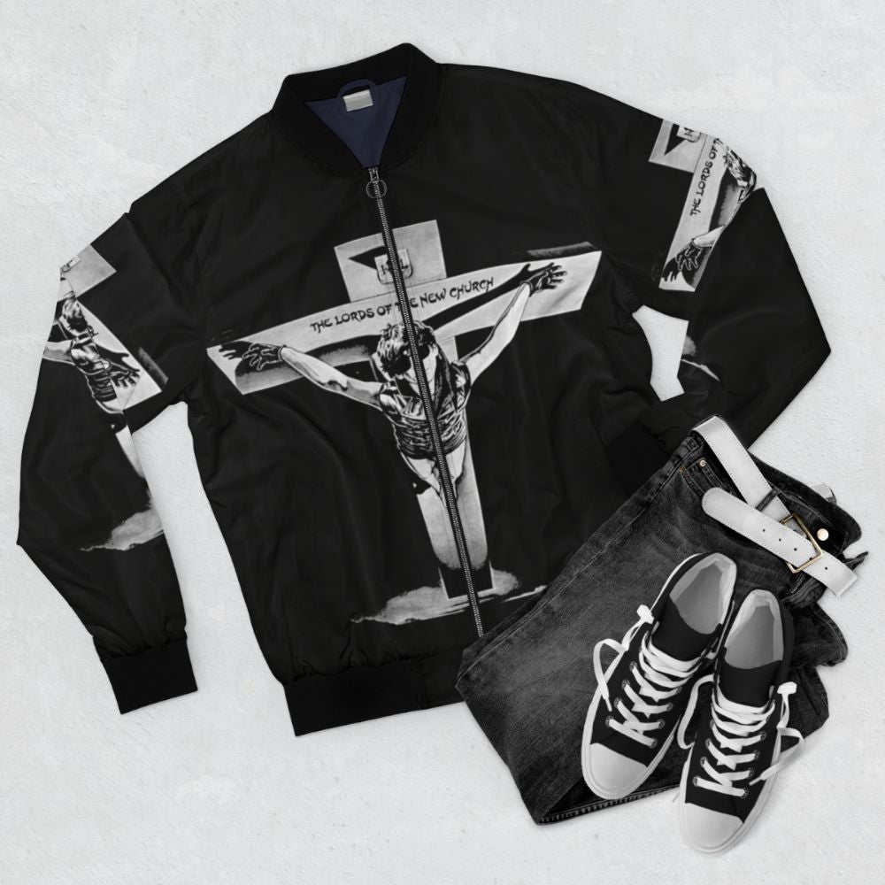 Punk rock bomber jacket featuring the iconic logo of The Lords Of The New Church - Flat lay