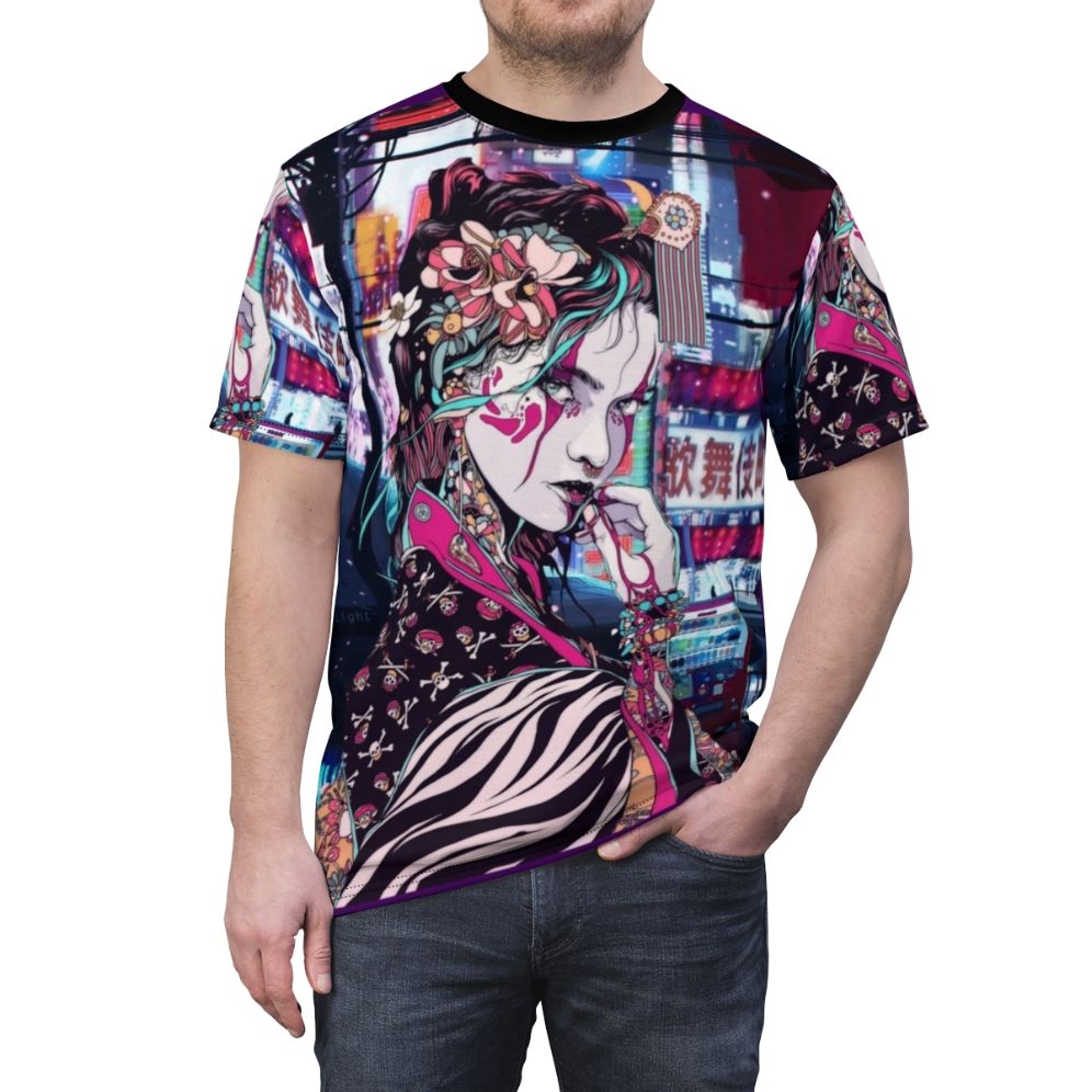 Vibrant t-shirt design featuring a captivating geisha character set against the backdrop of the Tokyo cityscape - men front