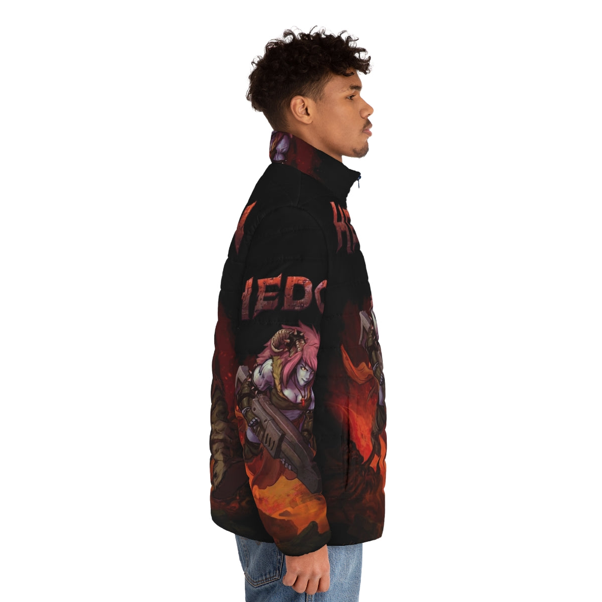 Hedon Zan fantasy puffer jacket with retro splash cover art design - men side right