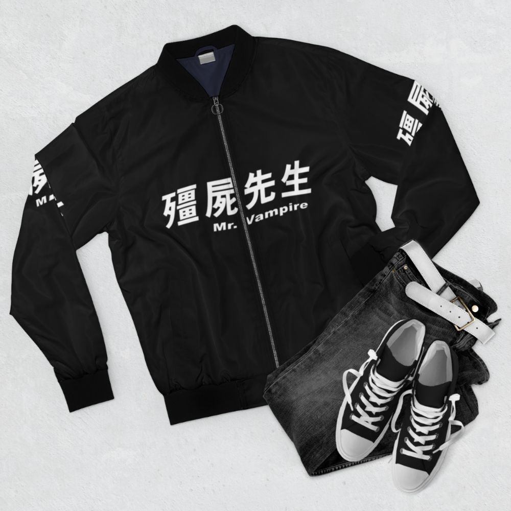 Vampire-inspired bomber jacket with gothic and Chinese horror design elements - Flat lay