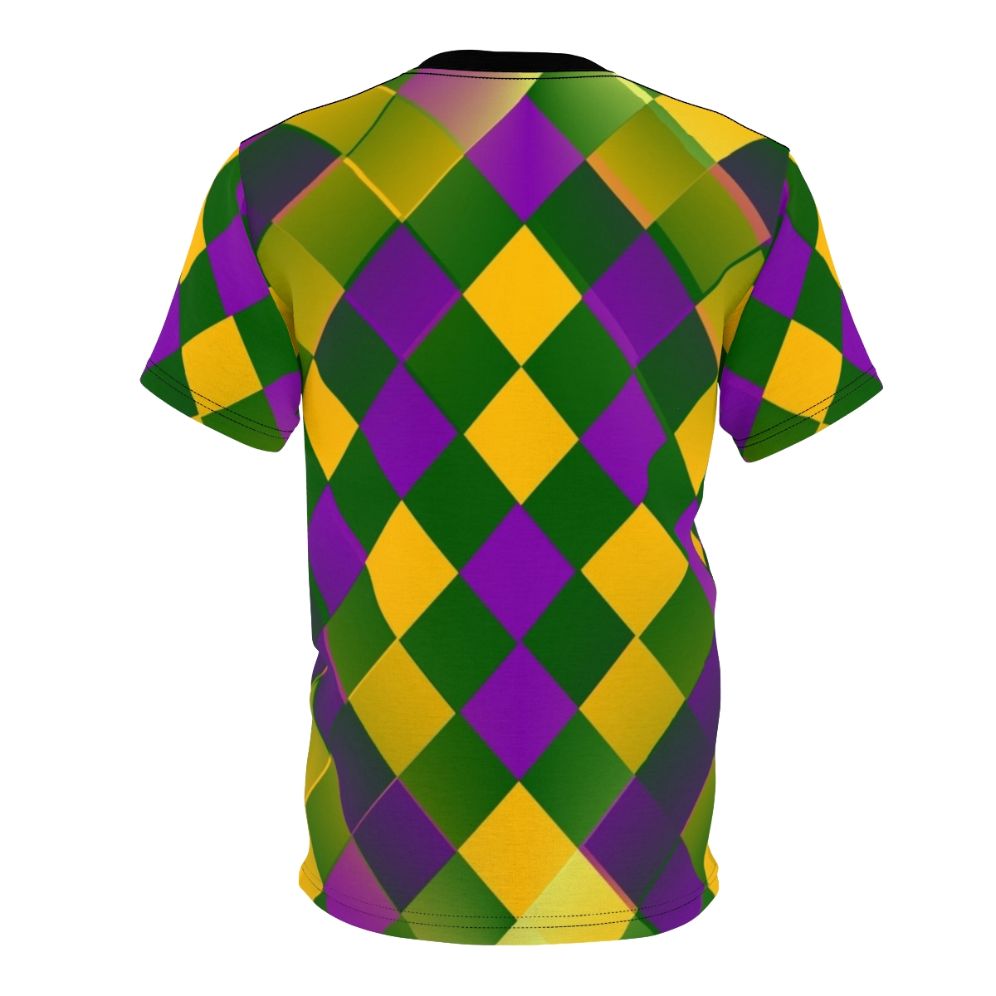 Harlequin-patterned Mardi Gras graphic t-shirt with diamonds, fleur-de-lis, and carnival colors - Back