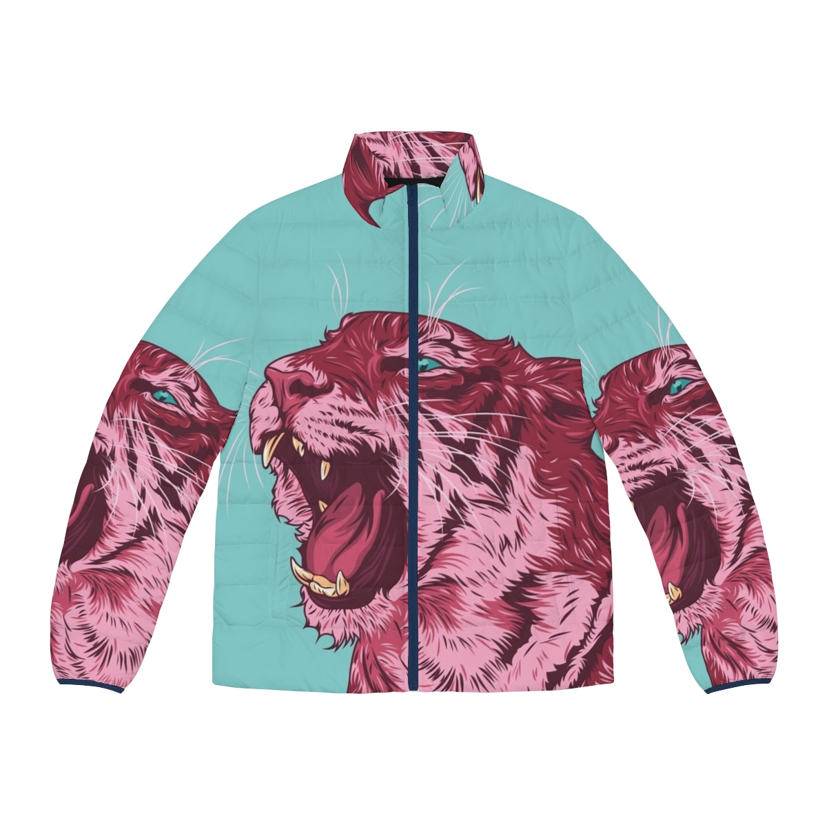 Magenta tiger puffer jacket with bold, vibrant pop art design