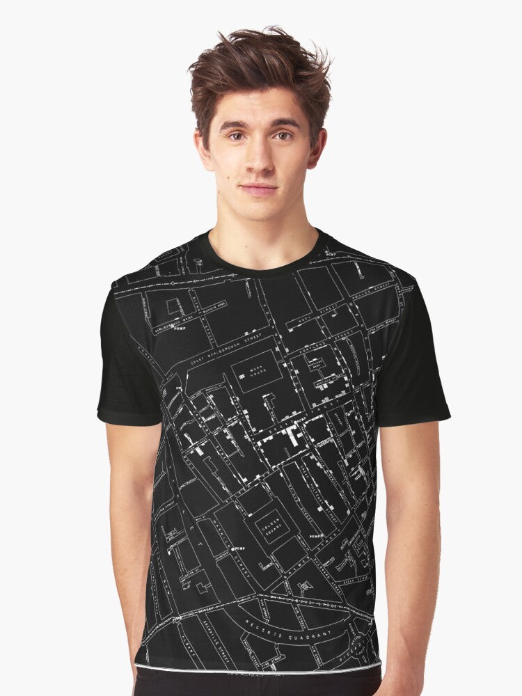 John Snow's famous cholera map graphic t-shirt in white on black background - Men