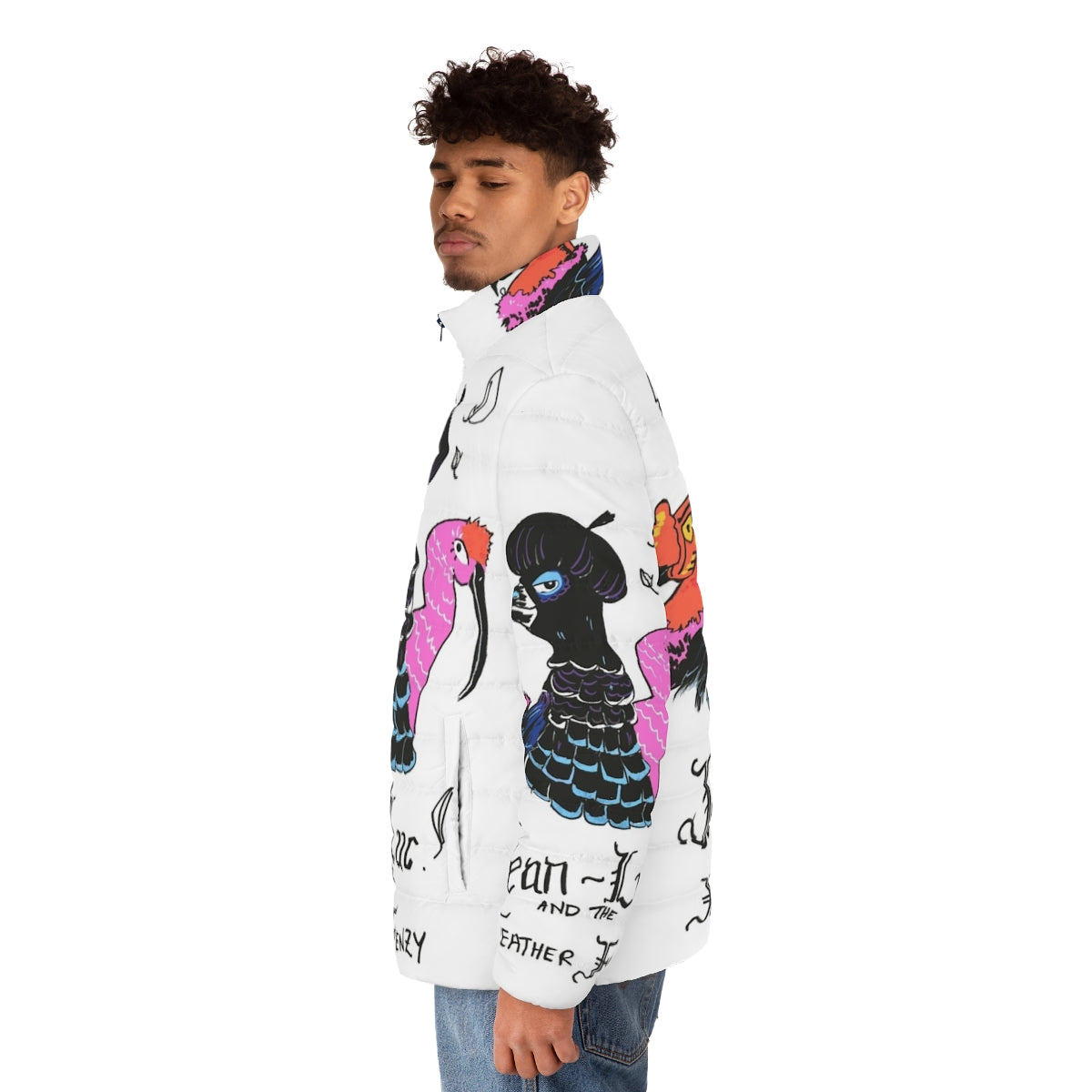 A stylish puffer jacket featuring a bird and feather design - men side left