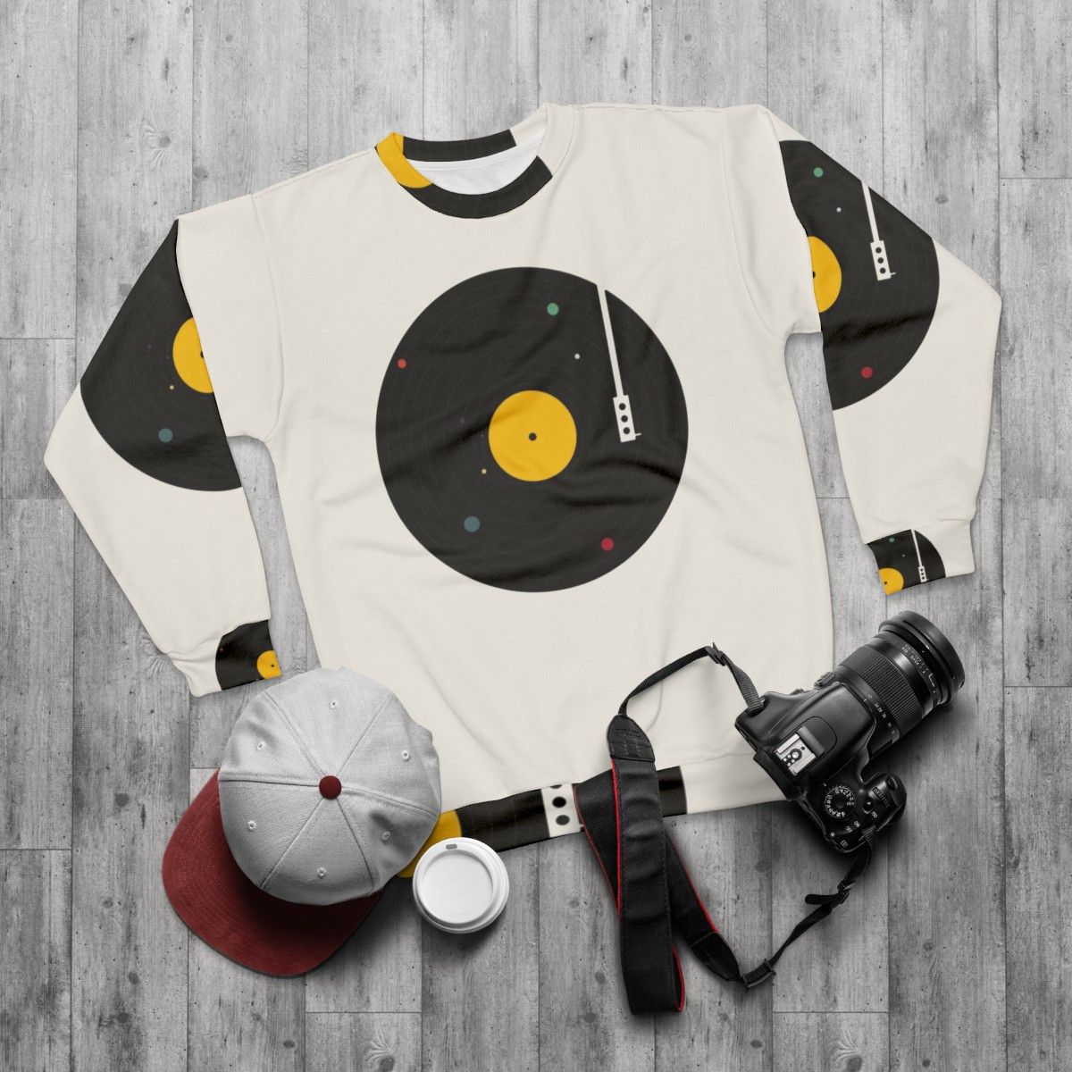 Retro music sweatshirt with galaxy and solar system design - flat lay