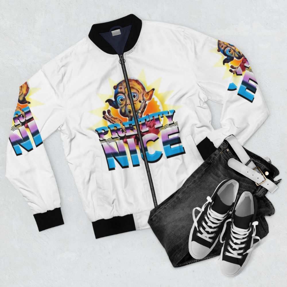 Retro 80s bomber jacket with a funny, cheesy movie-inspired design - Flat lay