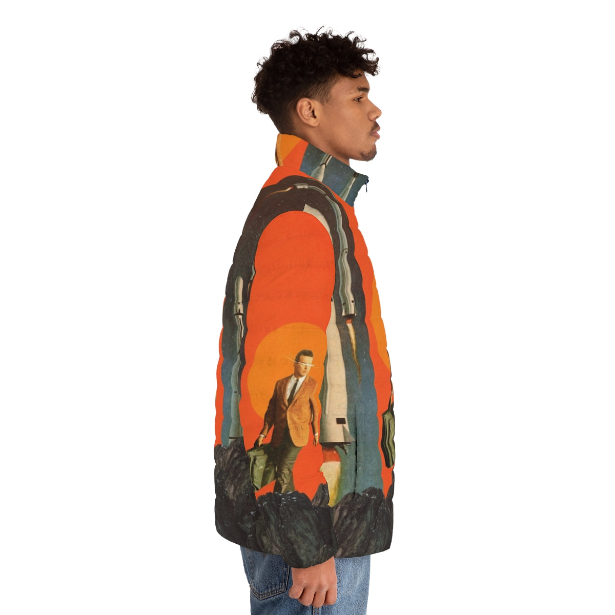 Retro puffer jacket in a surreal, vintage-inspired digital collage with space, mountains, and sky imagery - men side right