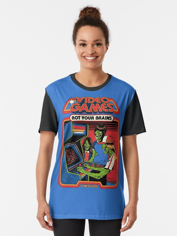 Retro video games graphic t-shirt with the message "Video Games Rot Your Brains" - Women