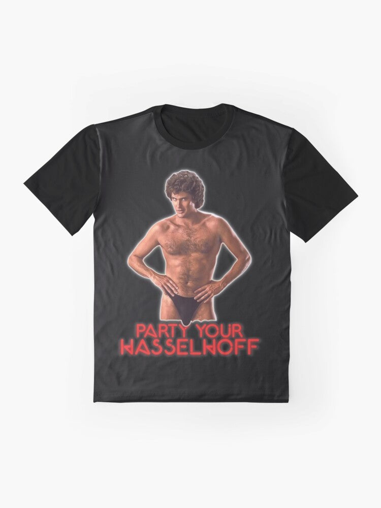 Retro "PARTY YOUR HASSELHOFF" graphic t-shirt featuring David Hasselhoff, the iconic 80s actor and pop culture figure. - Flat lay