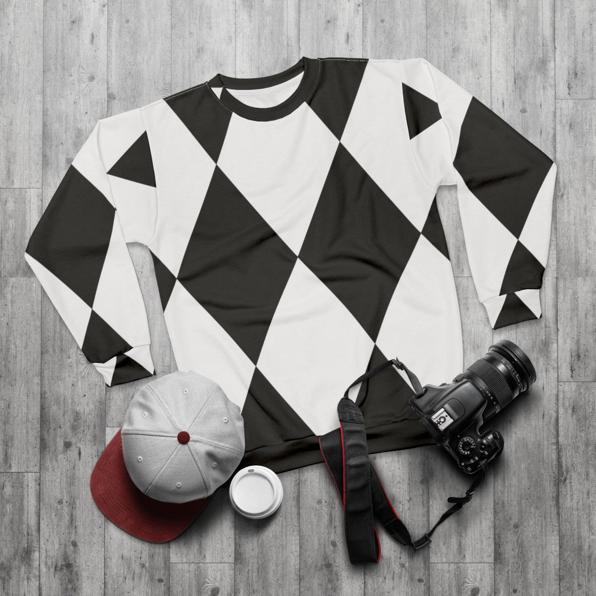 Harlequin black and white graphic pattern sweatshirt - flat lay