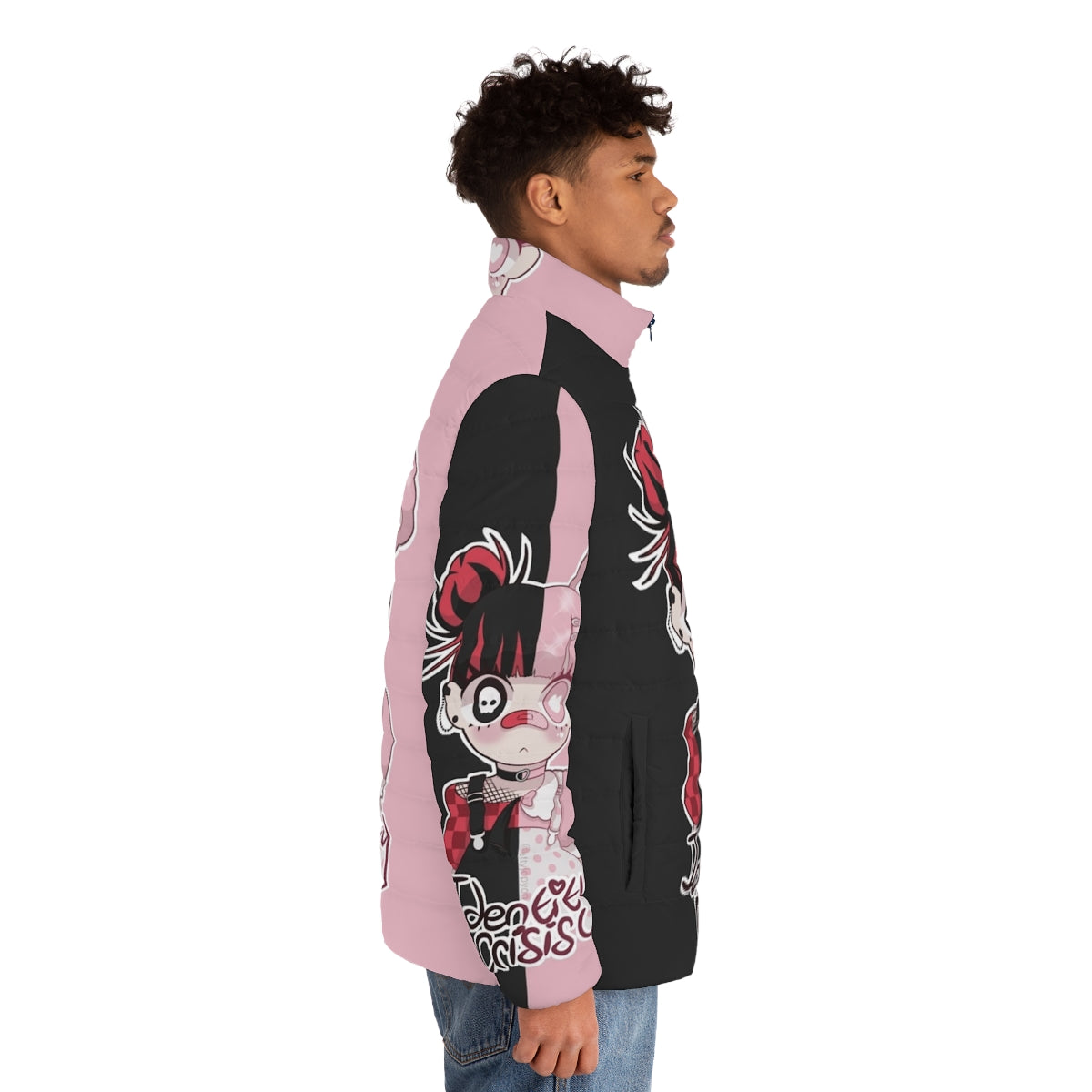 Anime inspired puffer jacket with kawaii, yami kawaii, and yume kawaii design elements - men side right