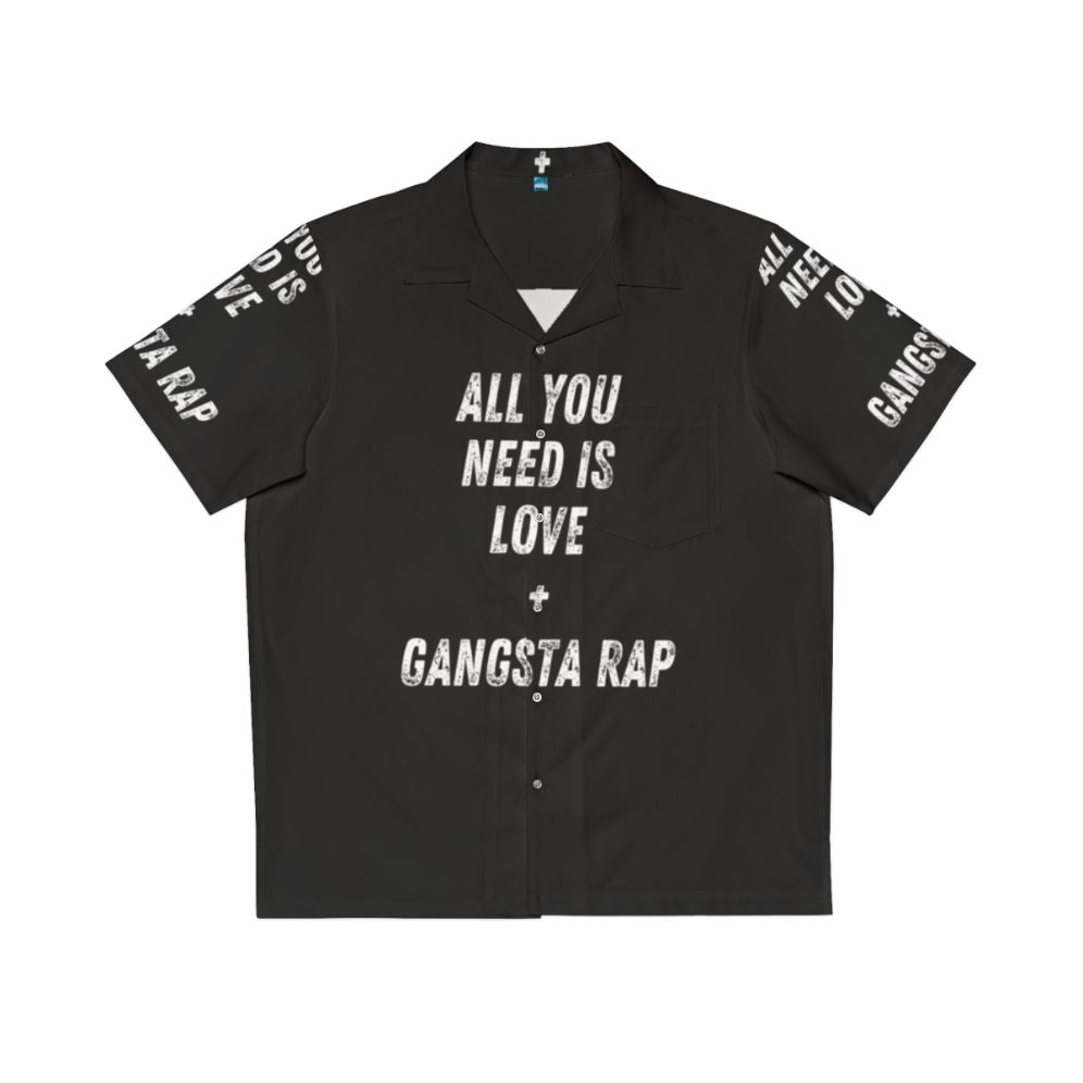 Hawaiian shirt with gangsta rap and Beatles "All You Need Is Love" lyrics