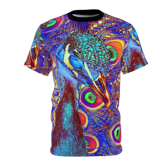 Peacock-inspired all-over-print t-shirt featuring a vibrant, colorful pattern