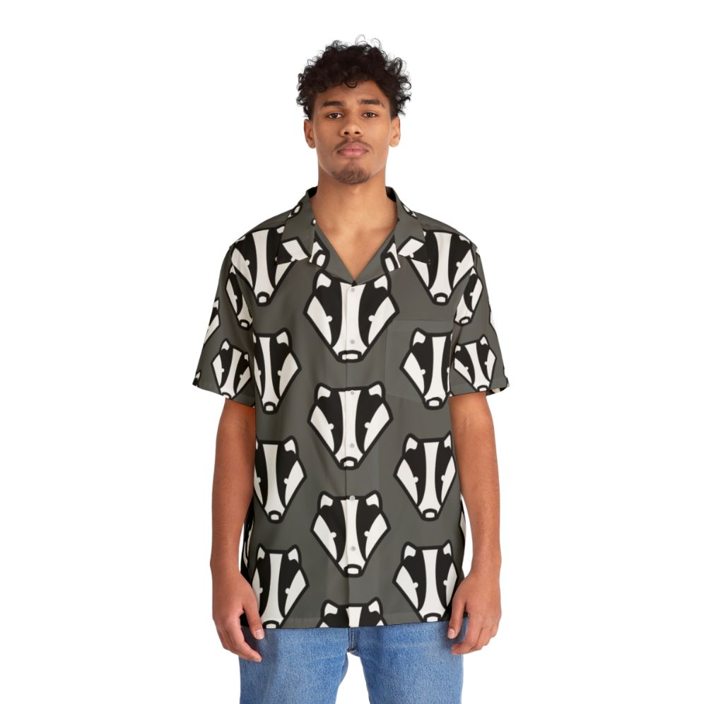 Badger-themed Hawaiian shirt with a gray and black design - People Front