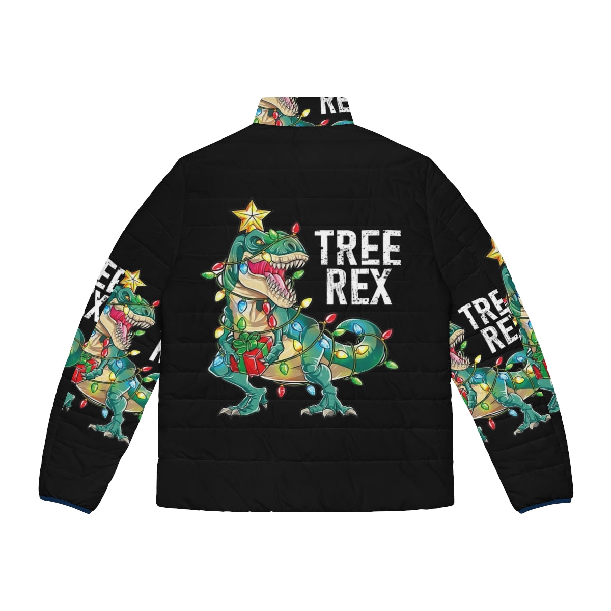 A cheerful puffer jacket featuring a Christmas dinosaur tree rex design - Back