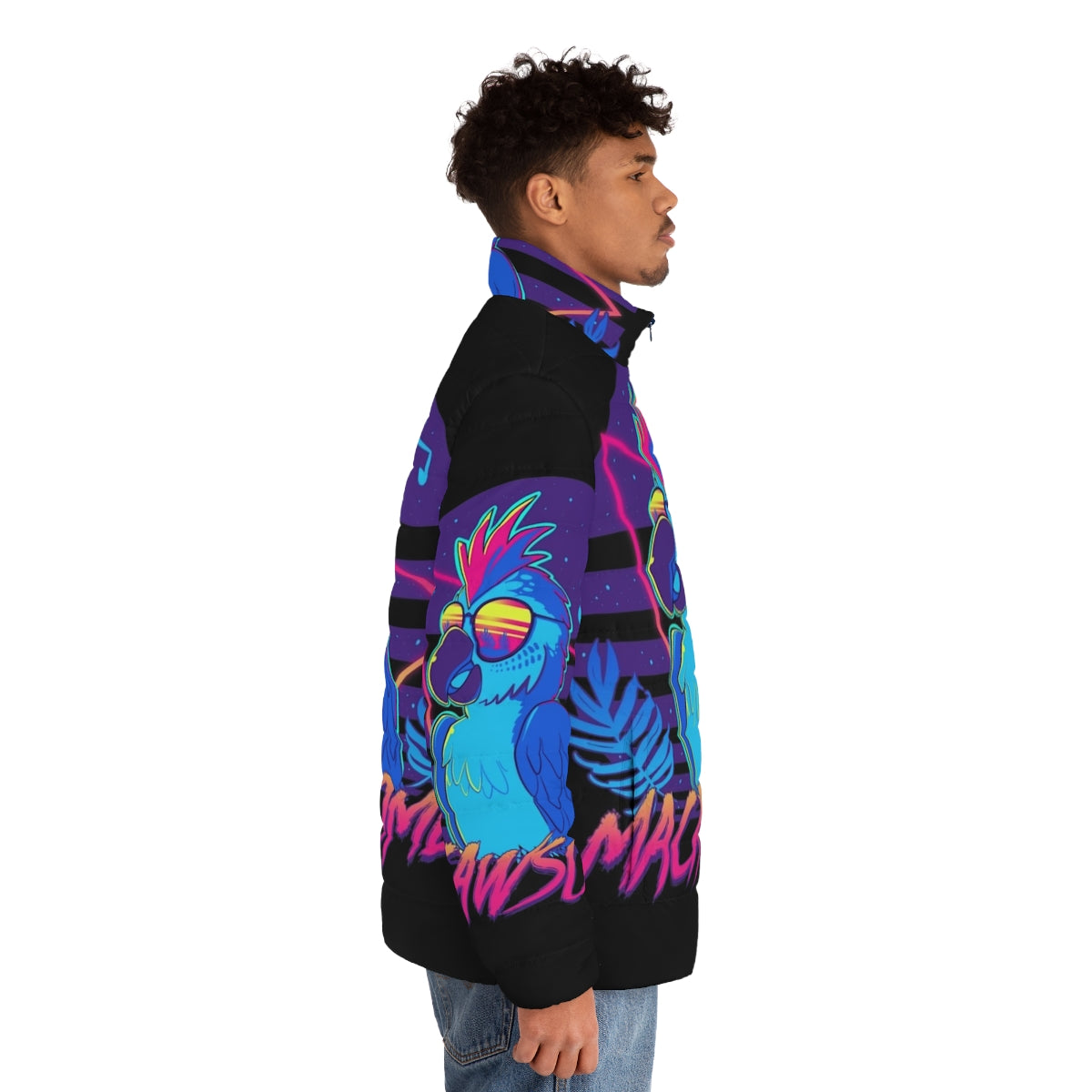 Macaw puffer jacket in a tropical, retro design - men side right