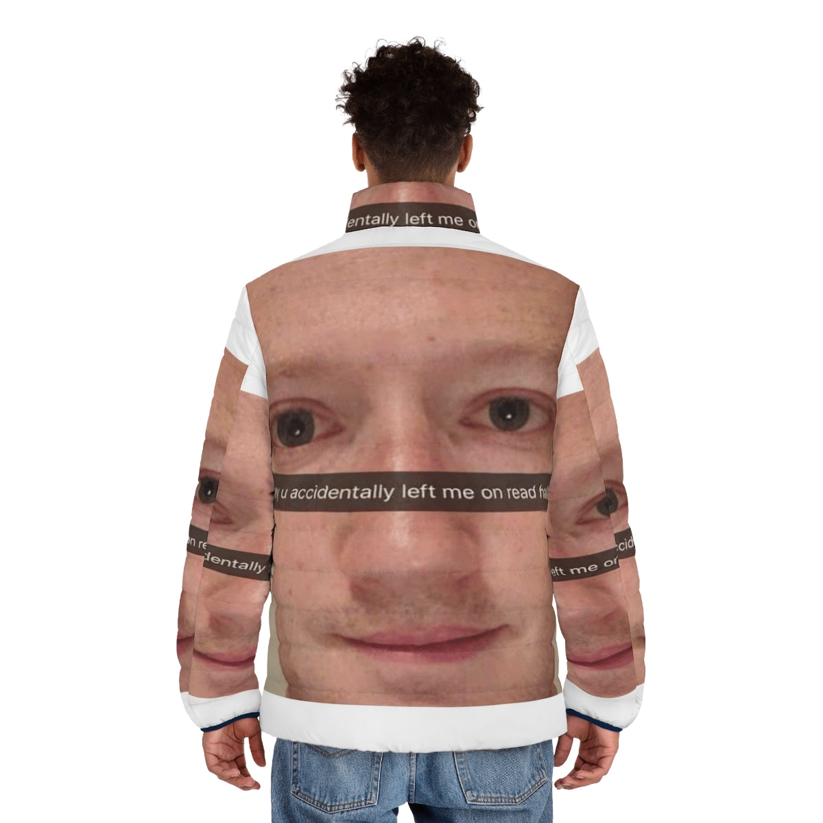 Mark Zuckerberg meme puffer jacket featuring a popular social media-inspired design - men back