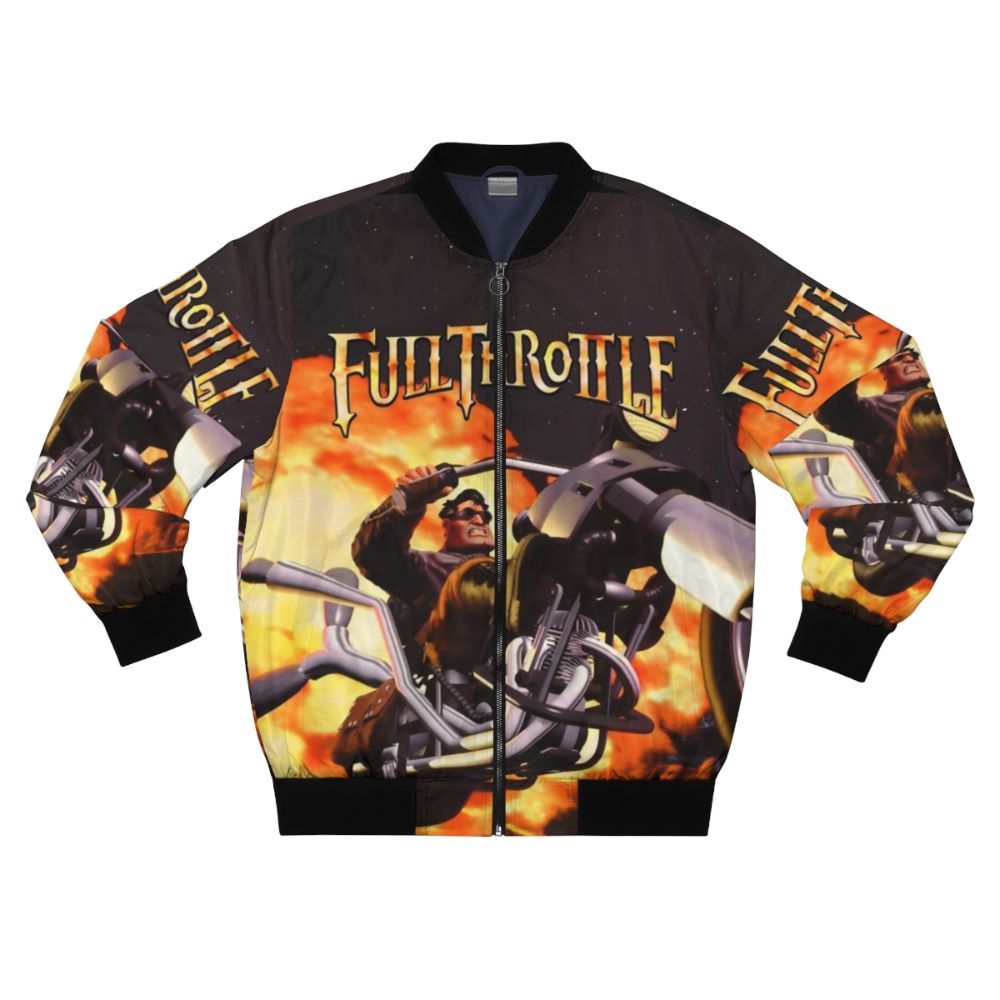 Full Throttle retro-style bomber jacket with pixelated adventure design