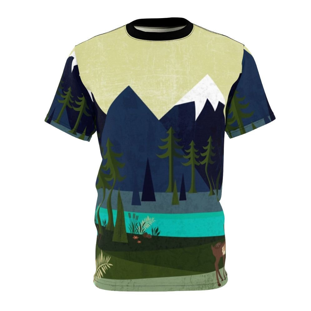 T-shirt featuring a serene nature landscape with deer, trees, and a river