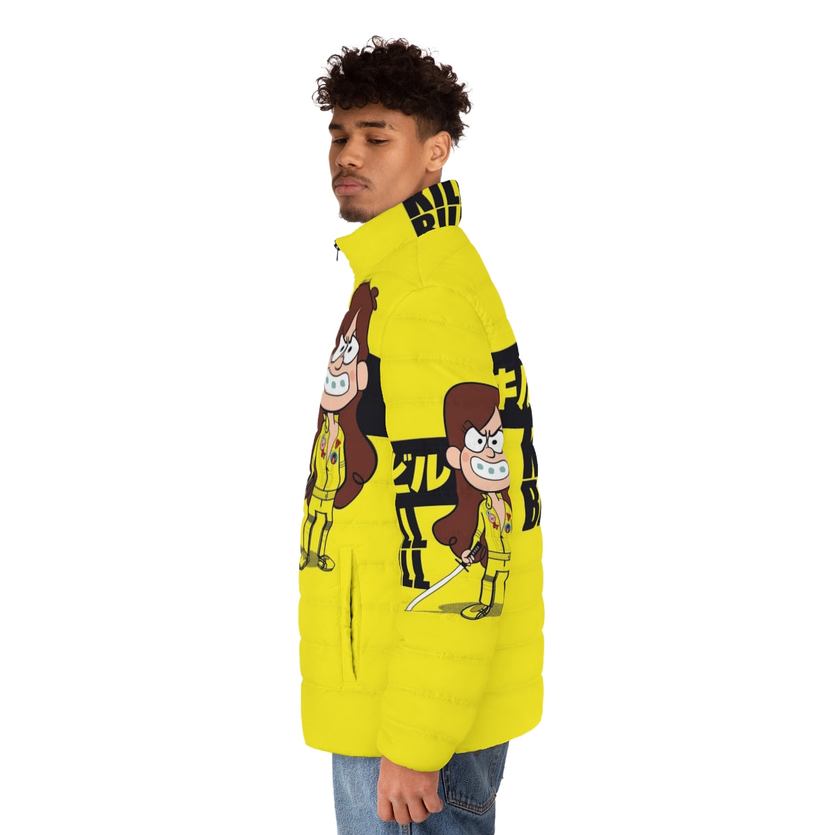 A stylish puffer jacket featuring iconic elements from the Kill Bill franchise and Gravity Falls universe - men side left