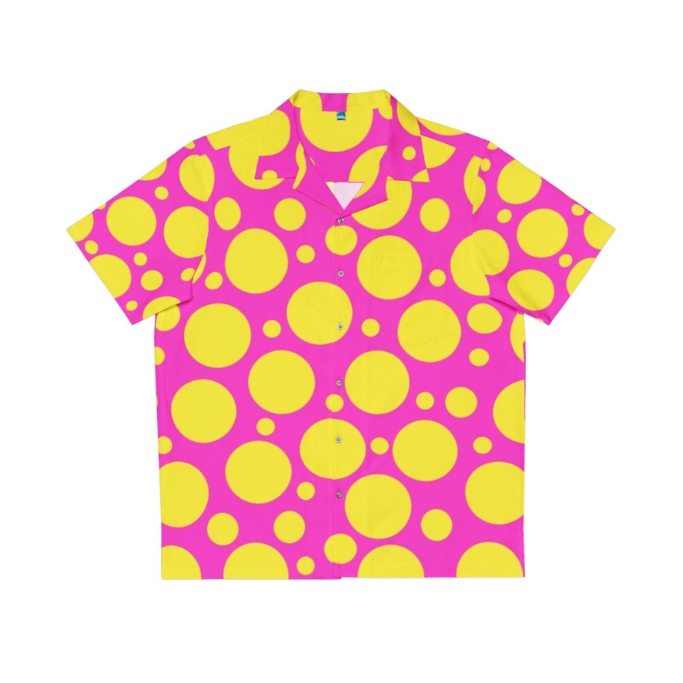 Colorful polka dot Hawaiian shirt in bright pink and yellow