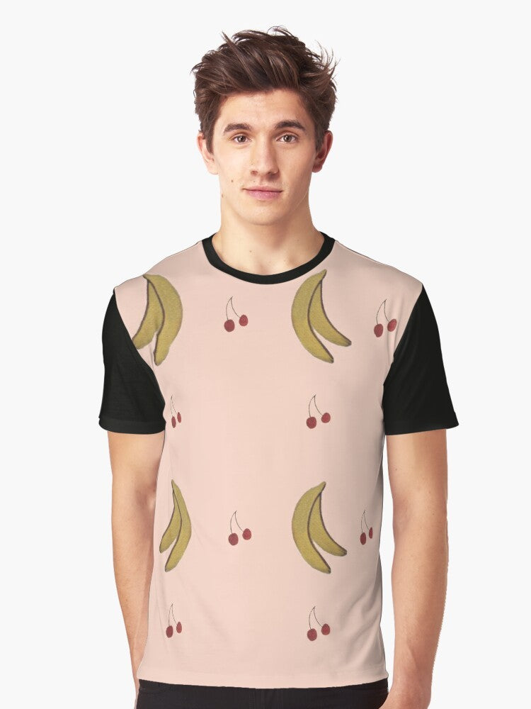 LA PETITE VIE graphic t-shirt featuring a colorful pattern of bananas, cherries, and other Quebec-inspired elements - Men