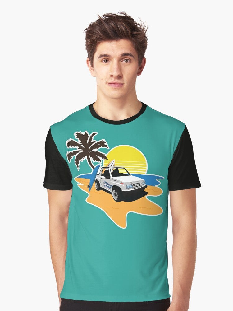 Stylish graphic t-shirt featuring a beach, geo tracker, and summer landscape design - Men