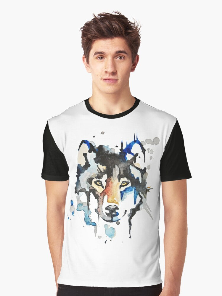 Watercolor wolf graphic design on a black t-shirt, featuring a stylized, abstract wolf illustration in shades of blue and gray. - Men