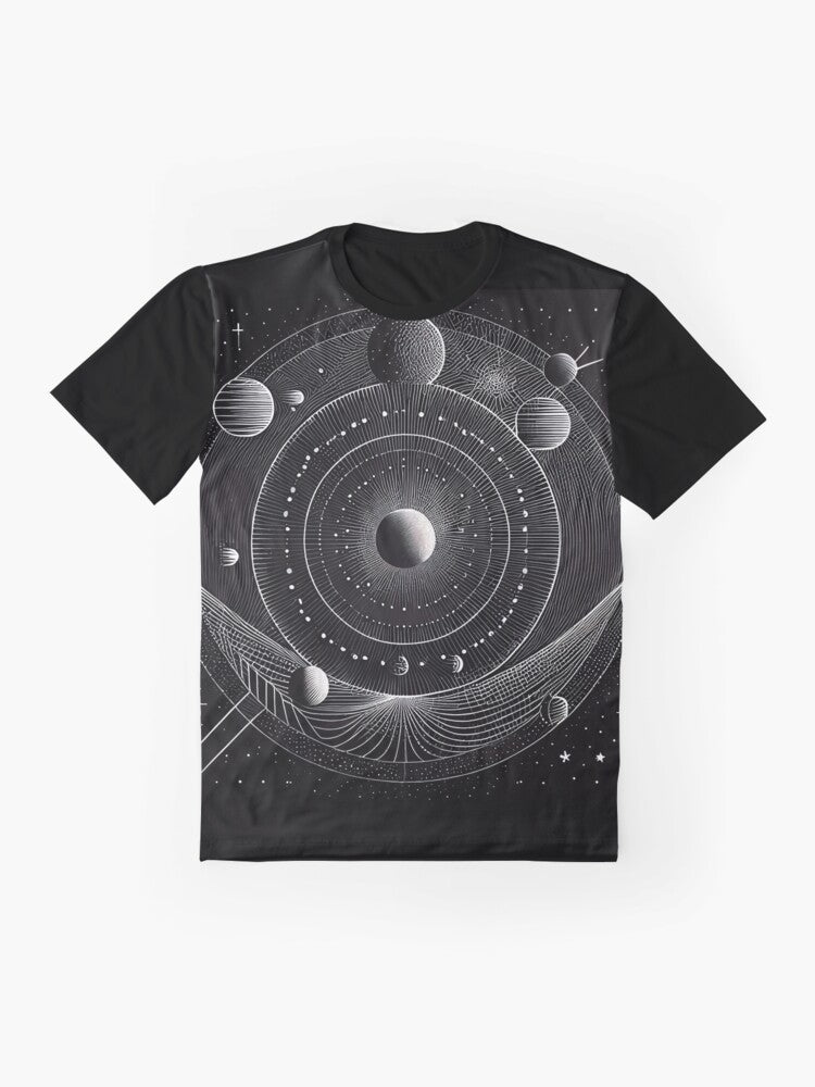 Monochrome graphic t-shirt design featuring a geometric representation of the solar system with planets, sun, and other celestial objects. - Flat lay