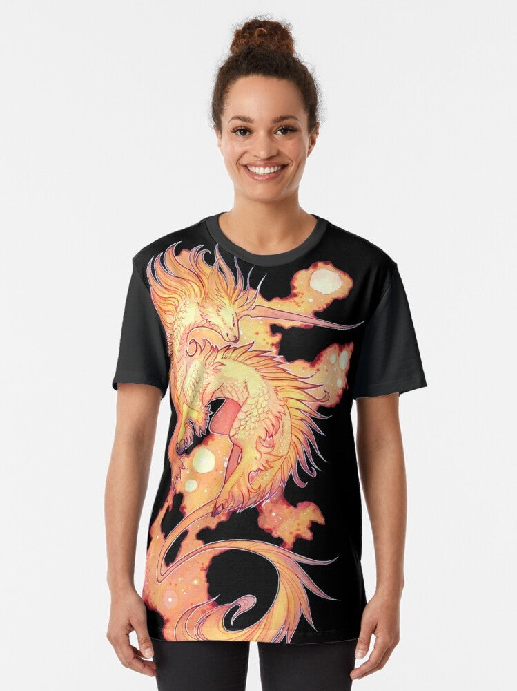 A colorful graphic t-shirt featuring a space unicorn, also known as a drachenmagier or kirin, a fantasy creature with a unique design. - Women