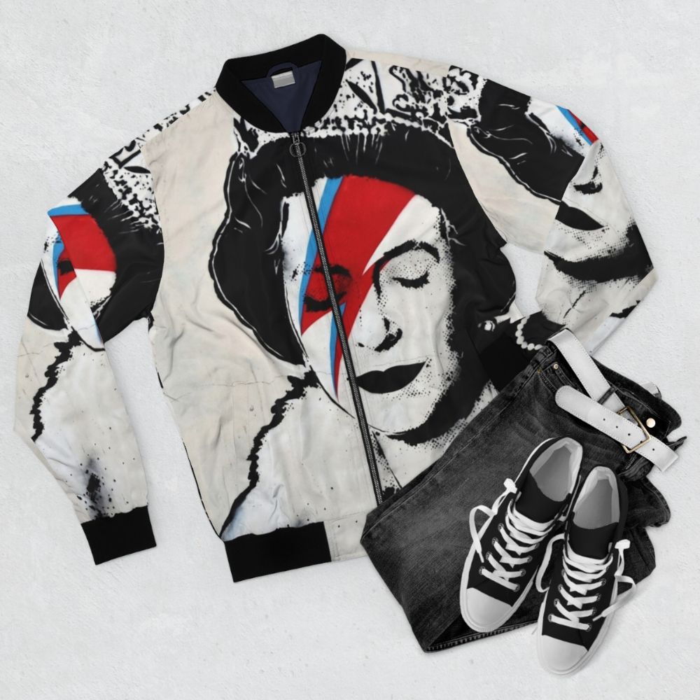 Banksy-inspired bomber jacket featuring a graffiti-style design of Queen Elizabeth II - Flat lay