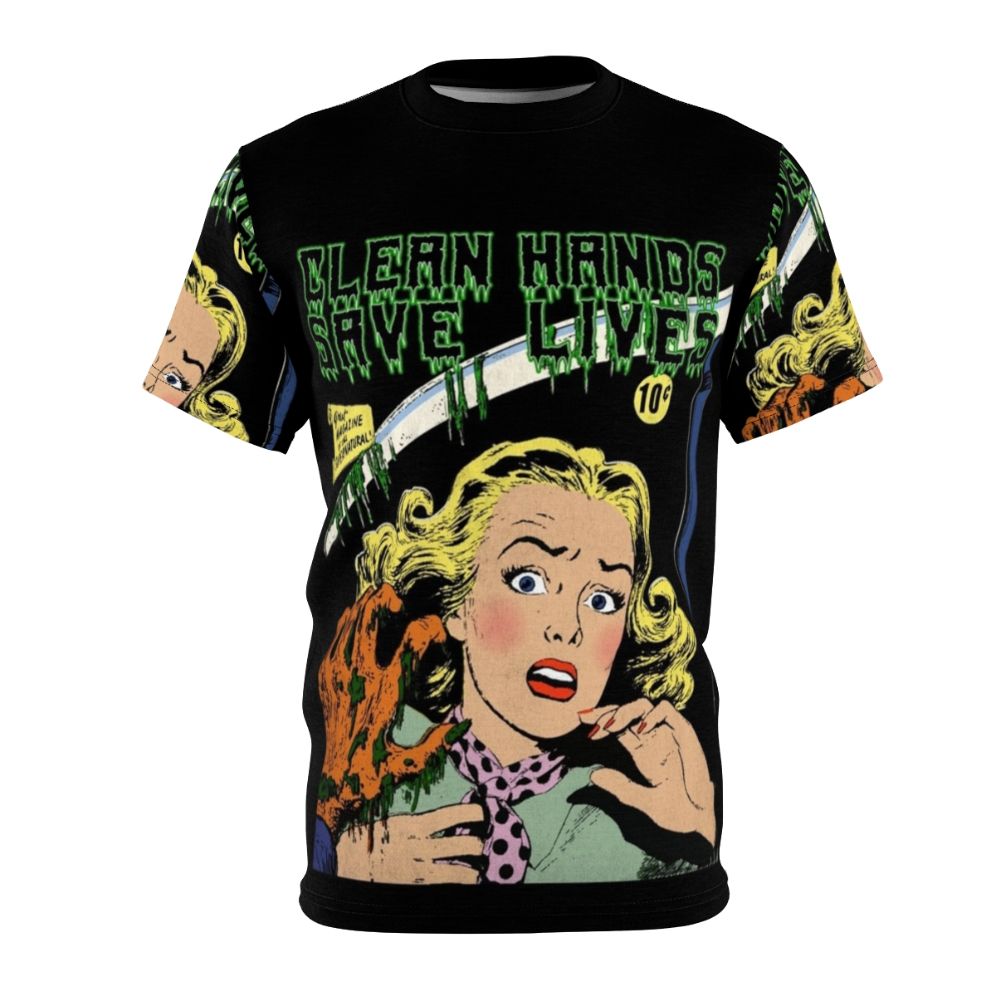 Vintage-style horror illustration of a hand with the text "Green Clean Hand Saves Lives" on a t-shirt