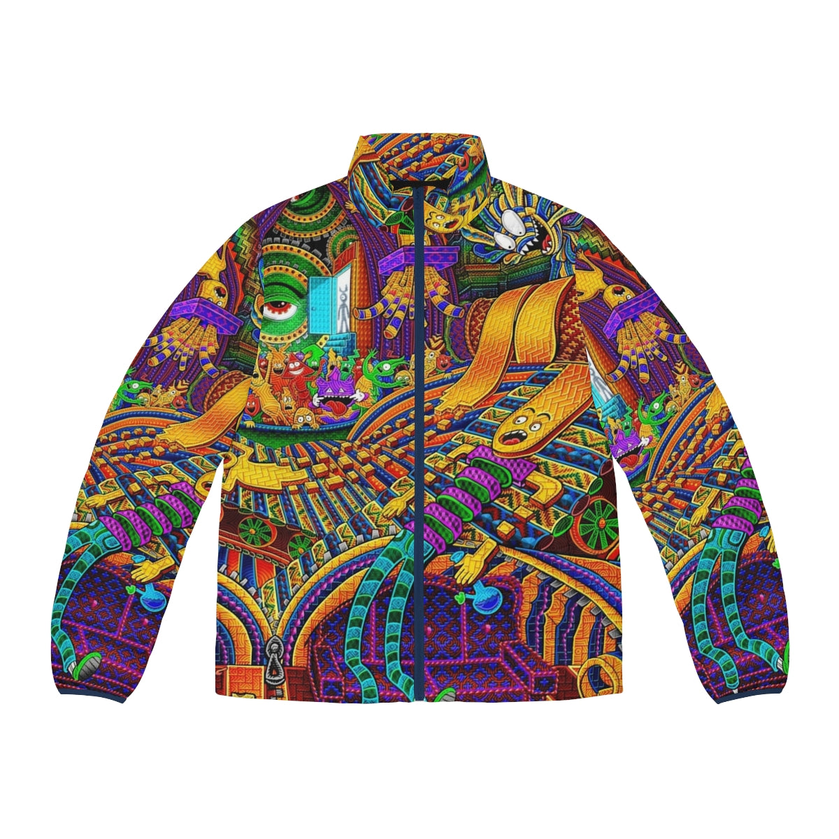 Puffer jacket with psychedelic, visionary art design inspired by altered states of consciousness