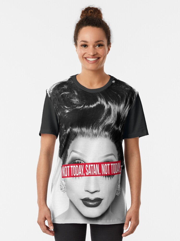 Graphic t-shirt with the text "Not Today, Satan. Not Today." for RuPaul's Drag Race fans. - Women